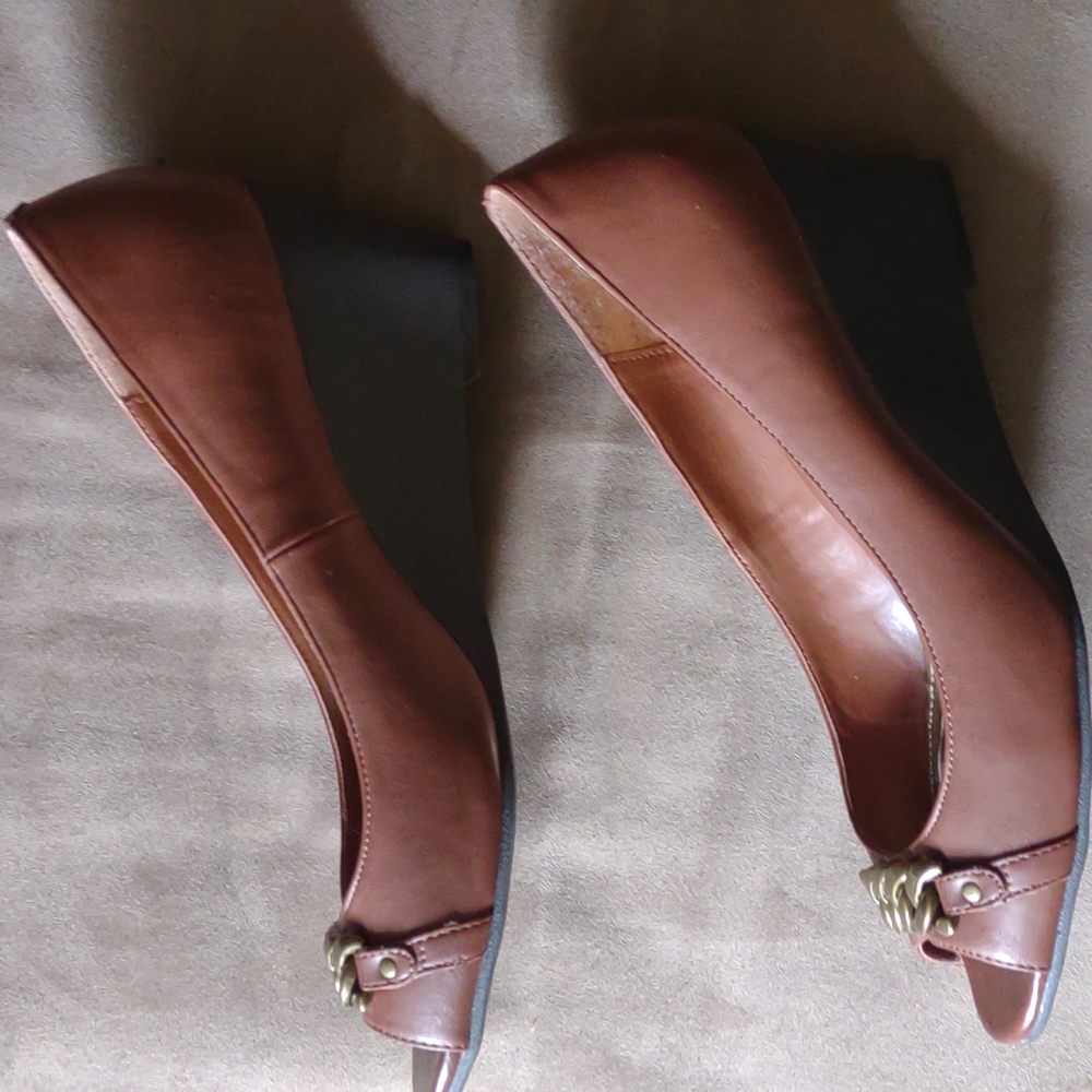 Chaps brown peeptoe wedges. Size 10b